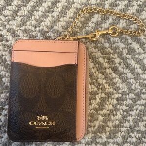 Coach Pink and Brown Card Holder with Gold Chain